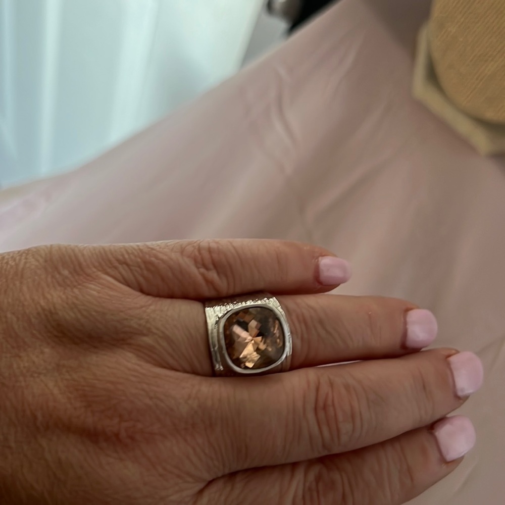 Lia Sophia silver ring with large peach coloured crystal stone